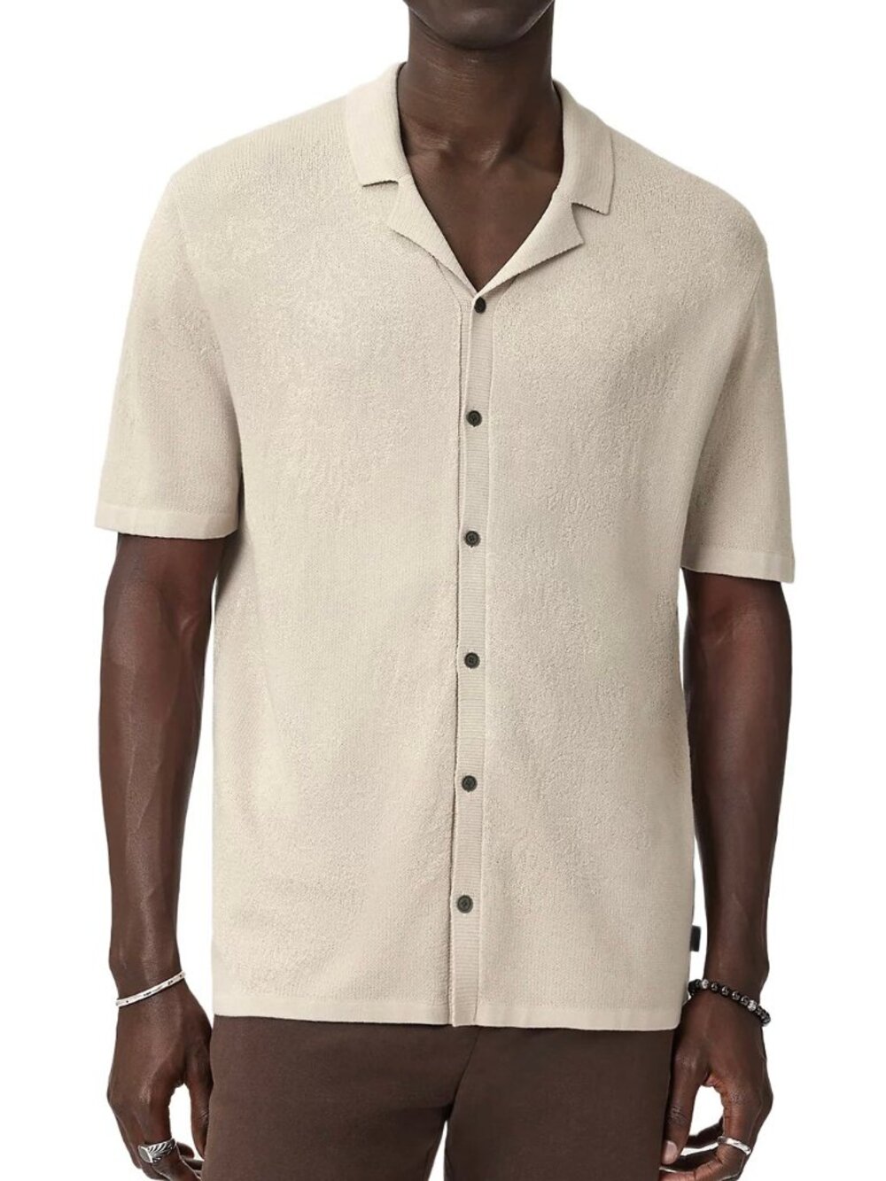 John Varvatos Arlon Organic Cotton Jacquard Camp Shirt Mens Almond M NWT 228